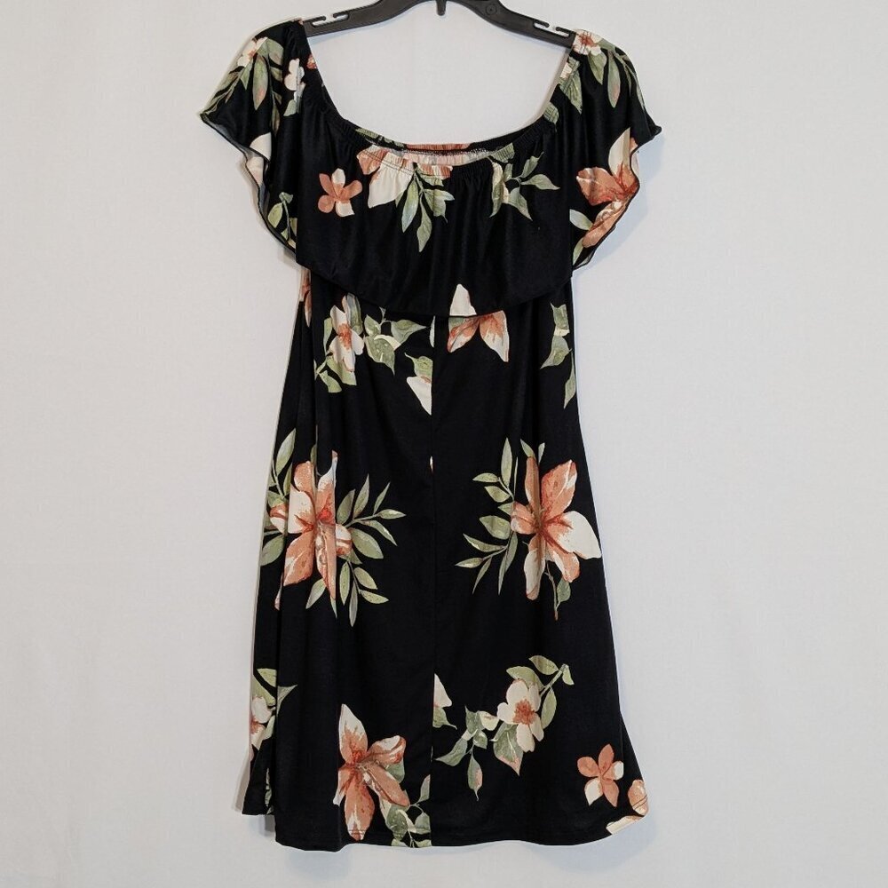 ABSOLUTE ANGEL Black/Pink Floral Off-Shoulder w Ruffle Short Flared Dress Size M - Picture 2 of 4